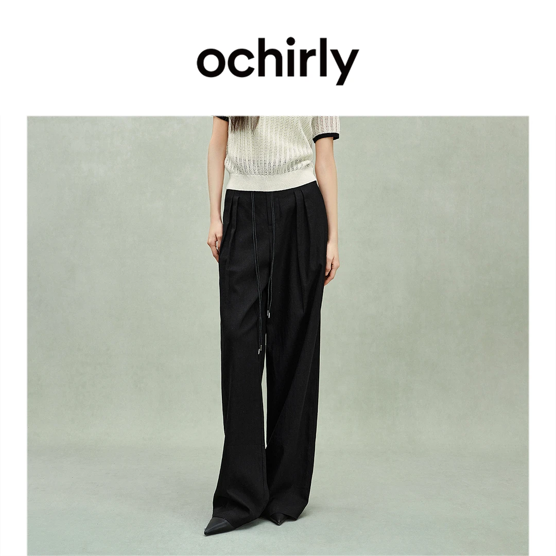 OCHIRLY欧时力 亚麻立褶阔腿长裤女宽松直筒显瘦休闲春季2025新品