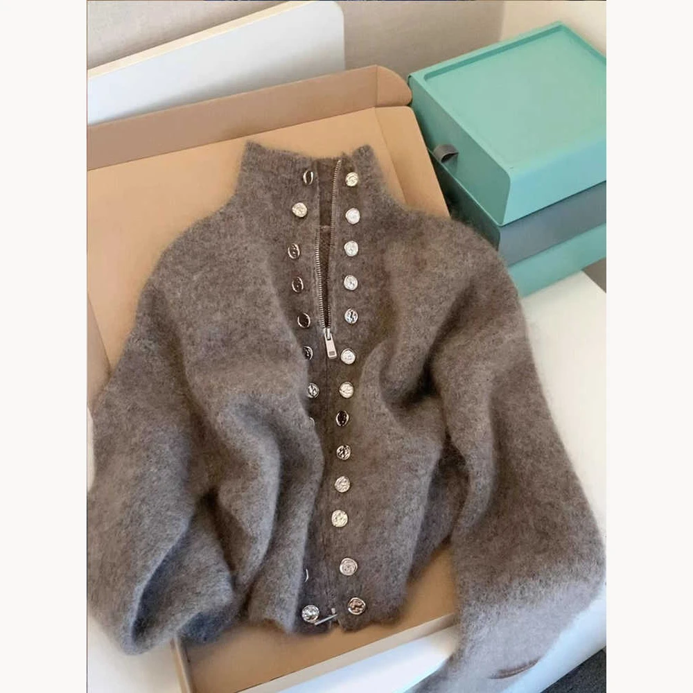 灰色重工双排扣立领毛衣外套女秋冬加厚高级感慵懒拉链针织衫上衣
