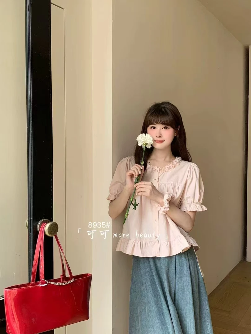 韩版甜美百搭短袖衬衫上衣女夏季氛围感穿搭气质衬衣洋气减龄小衫