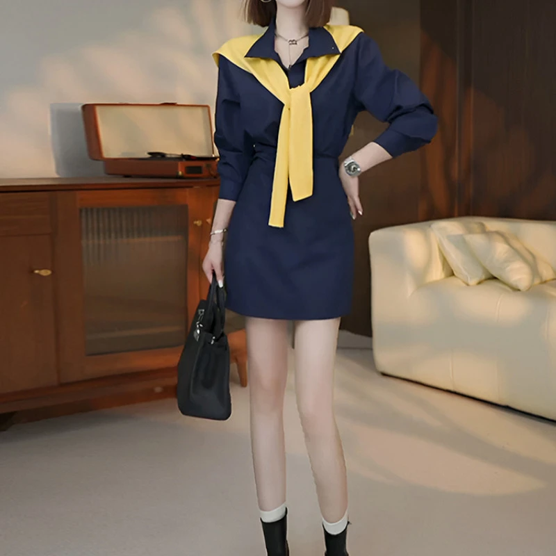 韩版气质撞色拼接披肩长袖衬衫连衣裙女2025春秋新款宽松百搭短裙