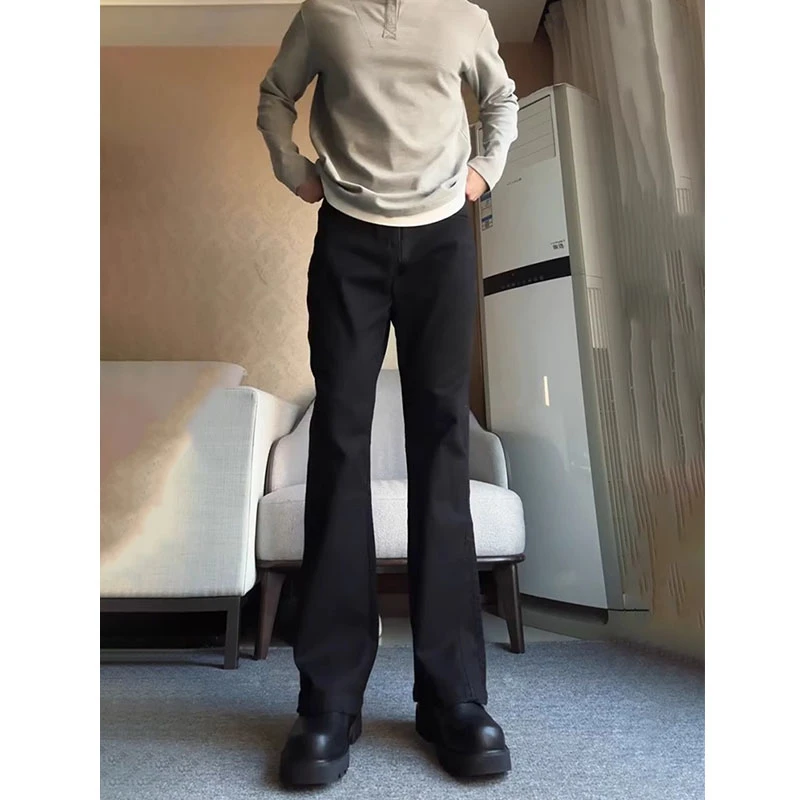 黑色柳叶弯刀牛仔裤男款潮牌百搭直筒微喇裤cleanfit美式水洗裤子