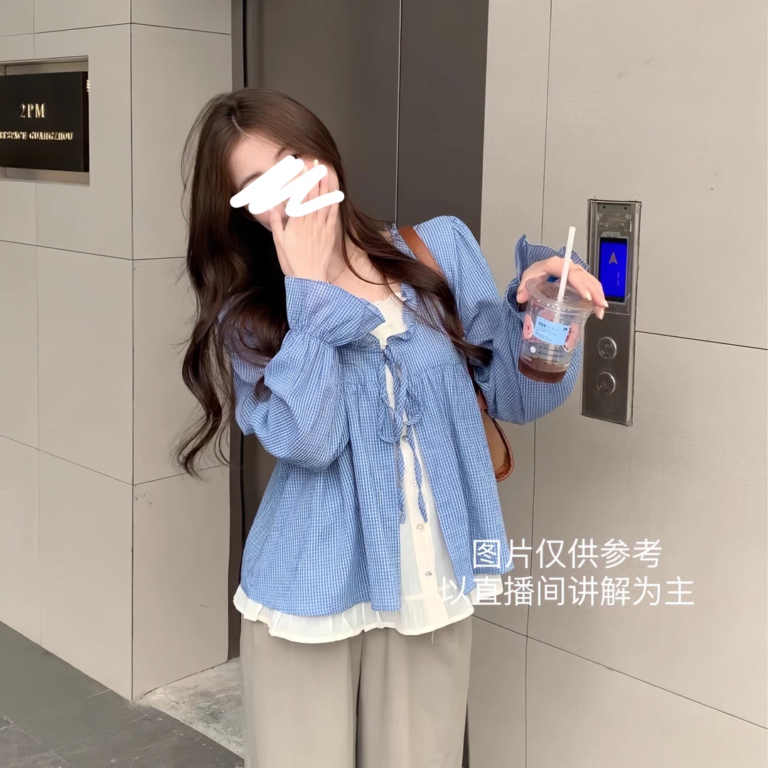 大码春季新款甜美减龄设计感系带假两件衬衫百搭上衣宽松显瘦