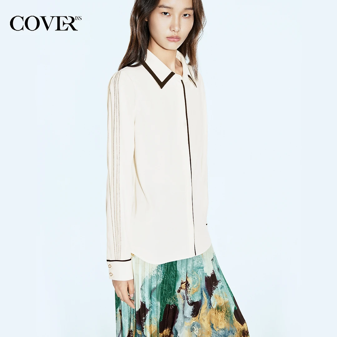 [新派简约]COVERINS2025春季翻领拼色垂感法式衬衫