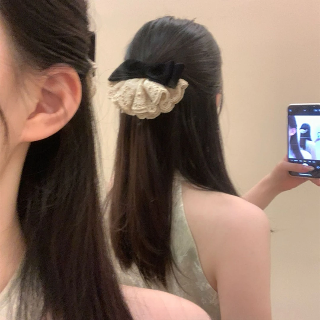 糖霜蕾丝~秋冬丝绒蝴蝶结发夹女气质低马尾弹簧夹抓夹半扎发发饰