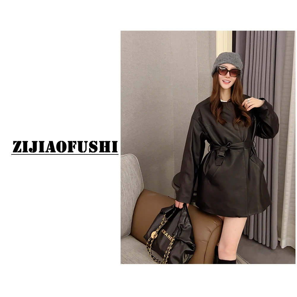 “白月梵星”荔枝纹真皮绵羊皮束腰新款外套    QZ-23667