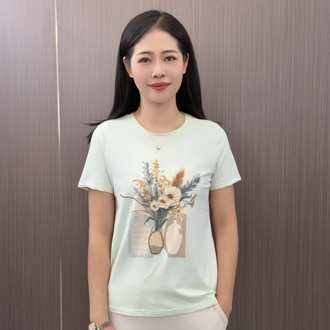 金六指夏季莫代尔刺绣花束顶珠重工艺显瘦女士短袖t恤时尚打底衫