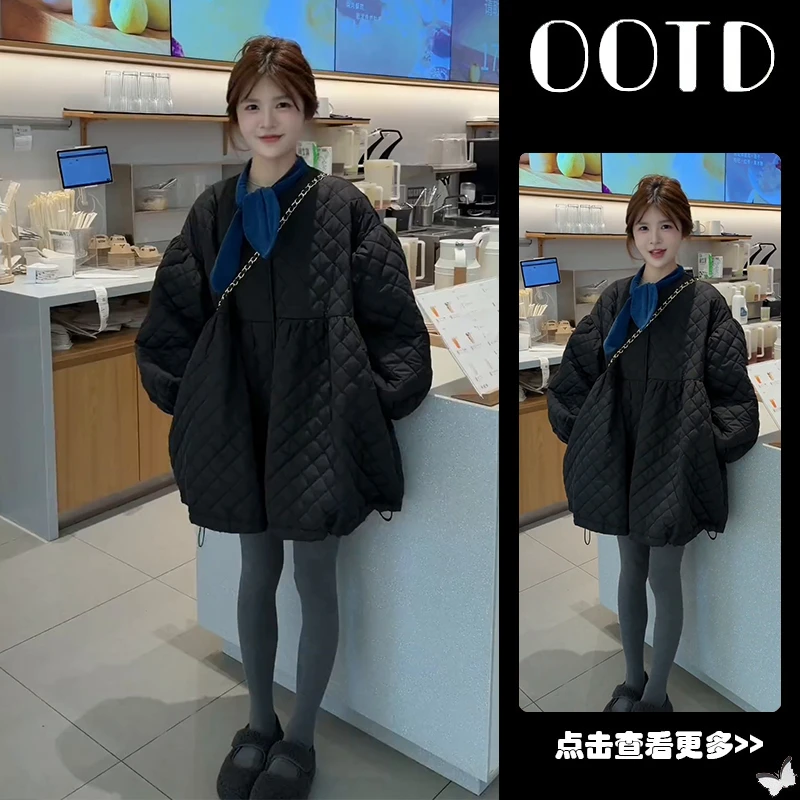 秋季穿搭一整套女2025新款蝴蝶结衬衫菱格棉服外套鲨鱼裤两件套