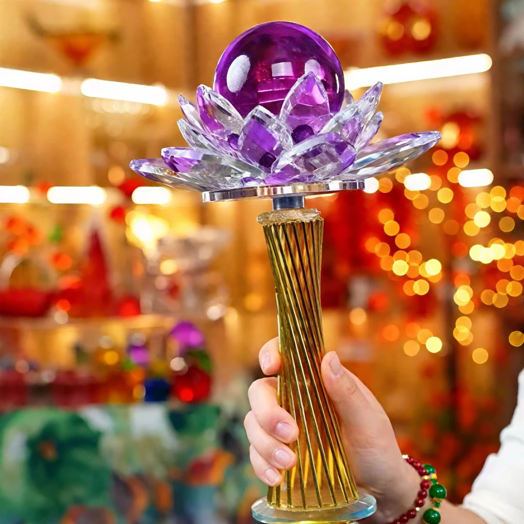 K9紫色旋转手捧莲花转运珠高档水晶玫瑰花客厅玄关卧室装饰摆件