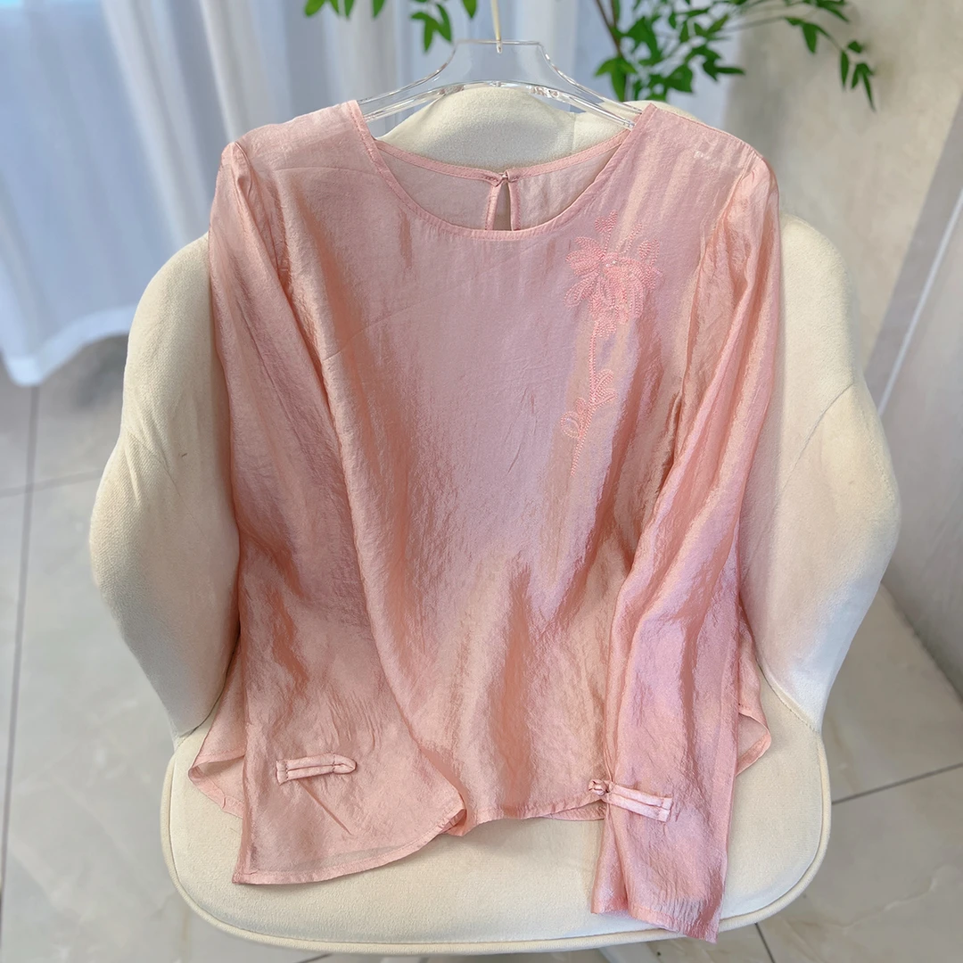 【梦幻】夏季气质新款刺绣显瘦新中式长袖上衣女日常简约圆领