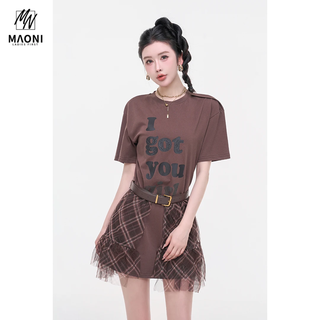 毛妮LADIESFIRST【幂式私服】字母印花连衣裙配腰带格纹纱裙L1797