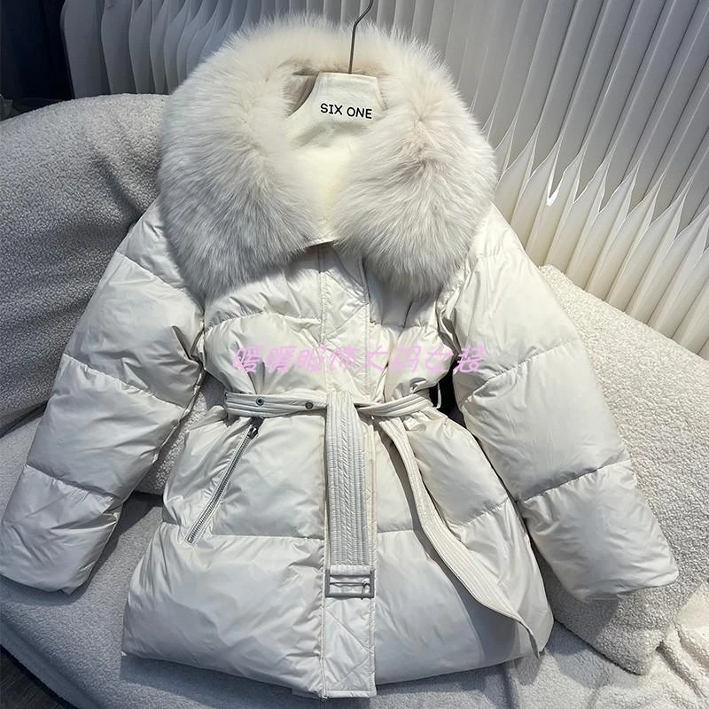 2025冬季新款大毛领羽绒服女时尚韩版加厚收腰显瘦腰带鸭绒外套潮