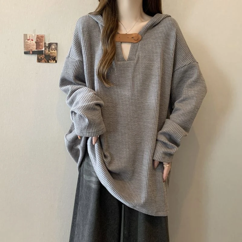 大码纹理感坑条复古连帽上衣女秋冬季新款宽松显瘦时尚长袖帽衫女