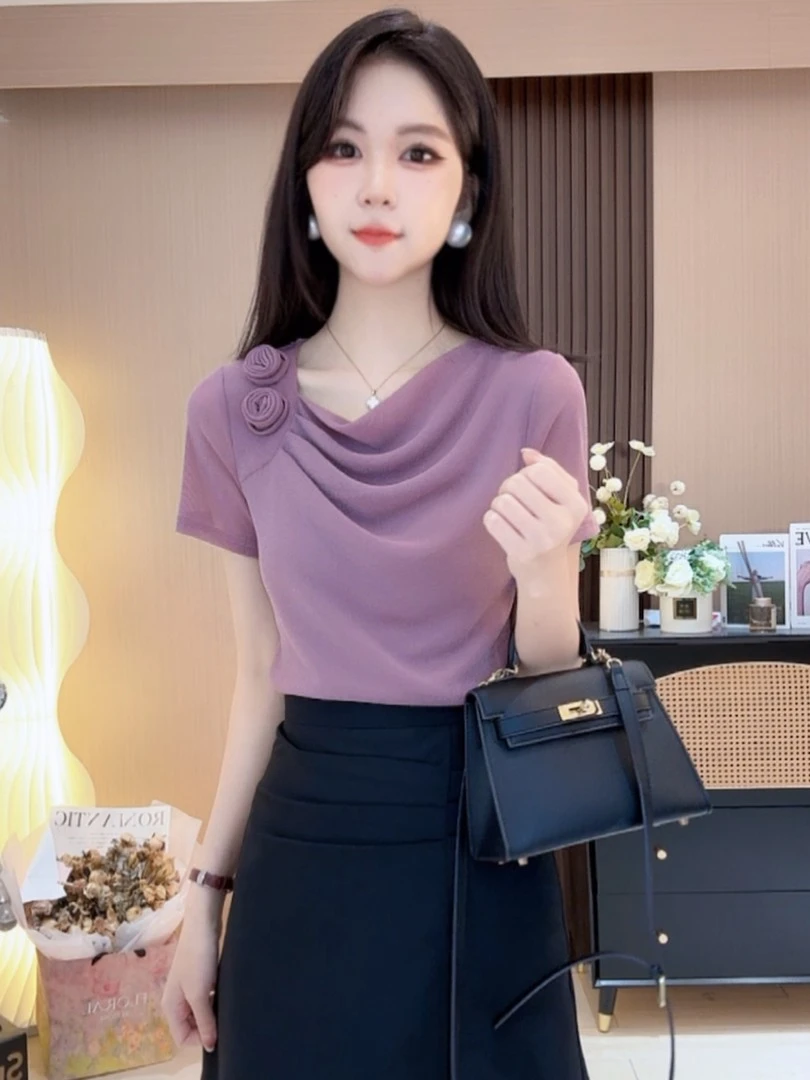 2025显瘦打底拼接时尚宽松型T恤堆堆领百搭烫钻短款