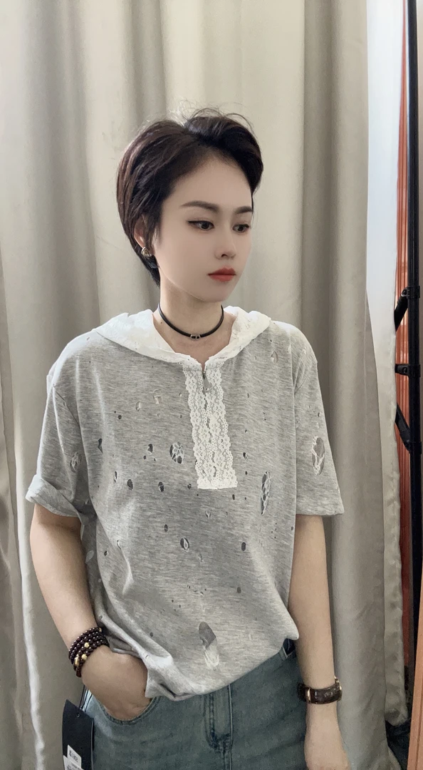 蕾丝连帽宽松休闲百搭T恤