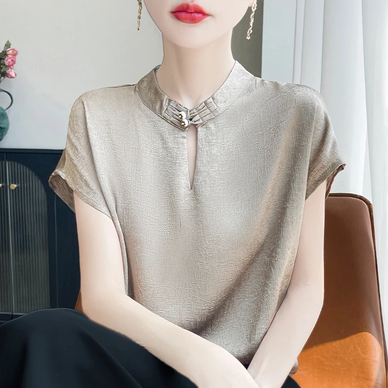 新中式国风缎面仿真丝短袖女立领盘扣肌理感T恤宽松褶皱半袖上衣