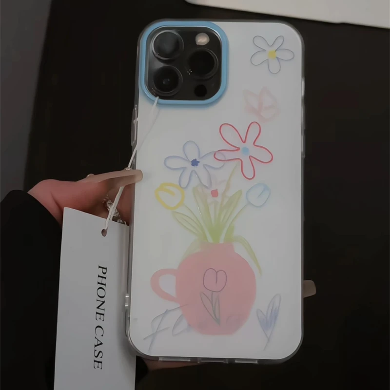 适用苹果16双层IMD手机壳小众iPhone15新款涂鸦花瓶郁金香华为p60