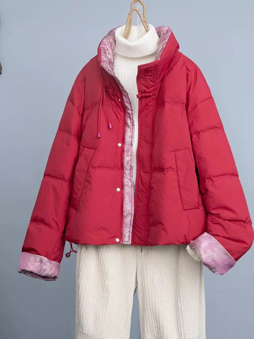 立领新款落肩袖上衣宽松拼接短款轻薄厚款羽绒服时尚保暖冬季棉服