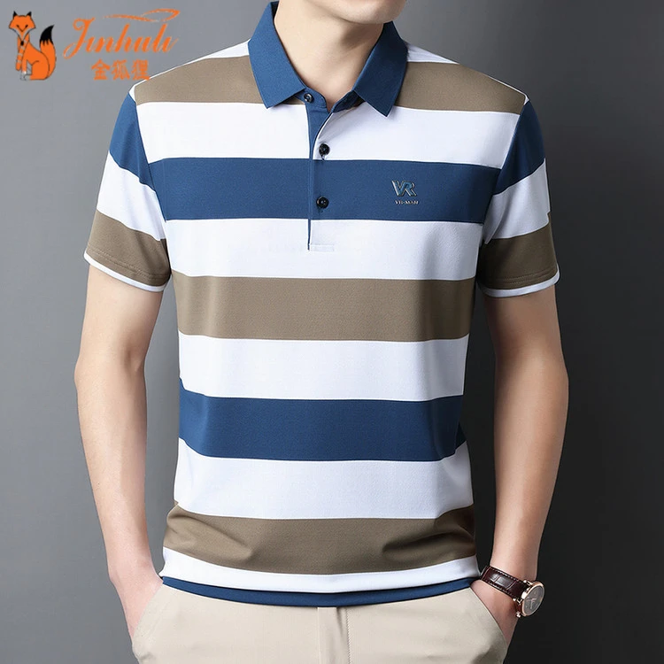 金狐狸2025条纹polo衫男夏季冰丝男t恤商务时尚男士短袖爸爸装翻