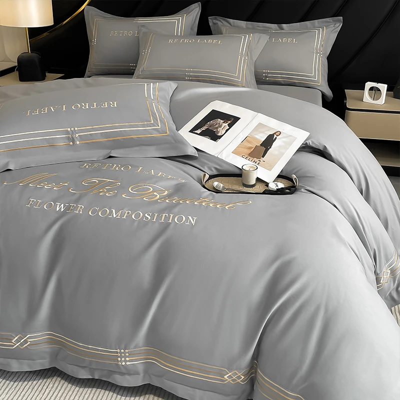 100%纯棉高档新疆长绒棉刺绣床品床单床笠款三件套轻奢全棉四件套