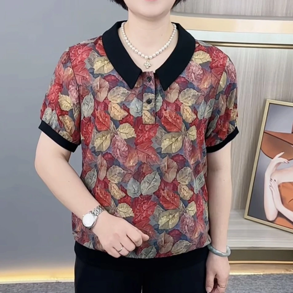 夏季新款时尚翻领树叶花气质妈妈装宽松休闲显瘦百搭短袖上衣H397