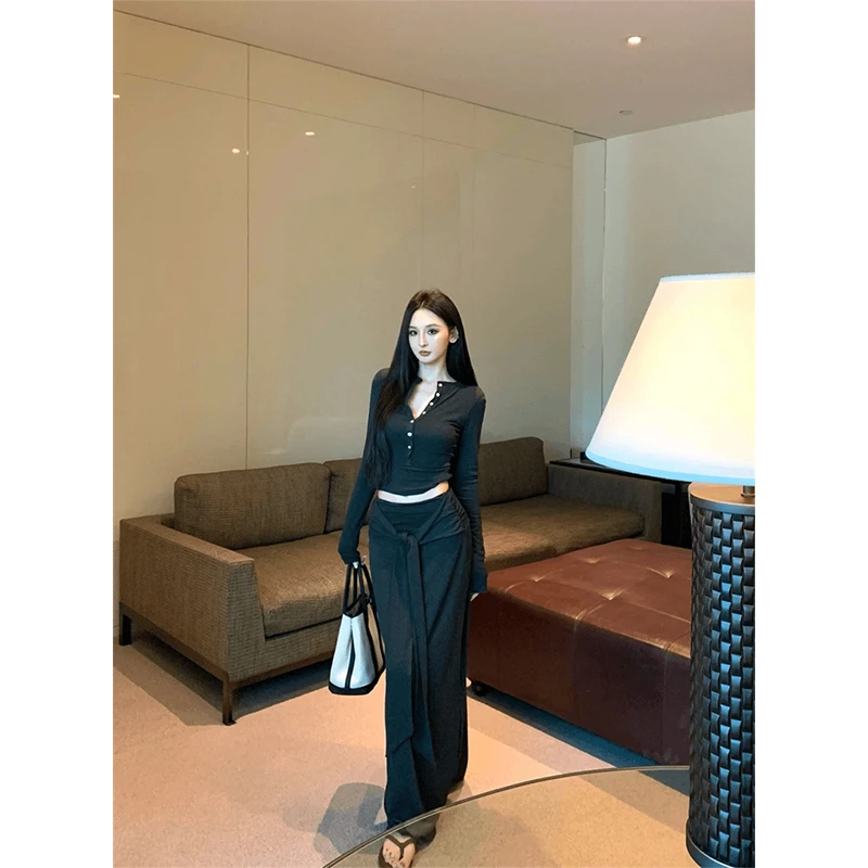 休闲辣妹藏蓝色上衣女秋季2025新款修身显瘦T恤绑带垂感包臀长裙