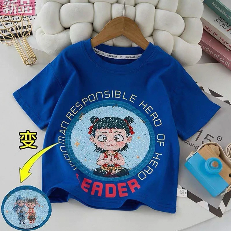 儿童纯棉短袖男女童哪吒亮片变色卡通印花宽松休闲T恤学生百搭