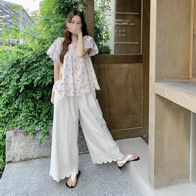 俏皮可爱碎花娃娃衫蕾丝阔腿裤两件套女2025夏季韩系甜美温柔套装