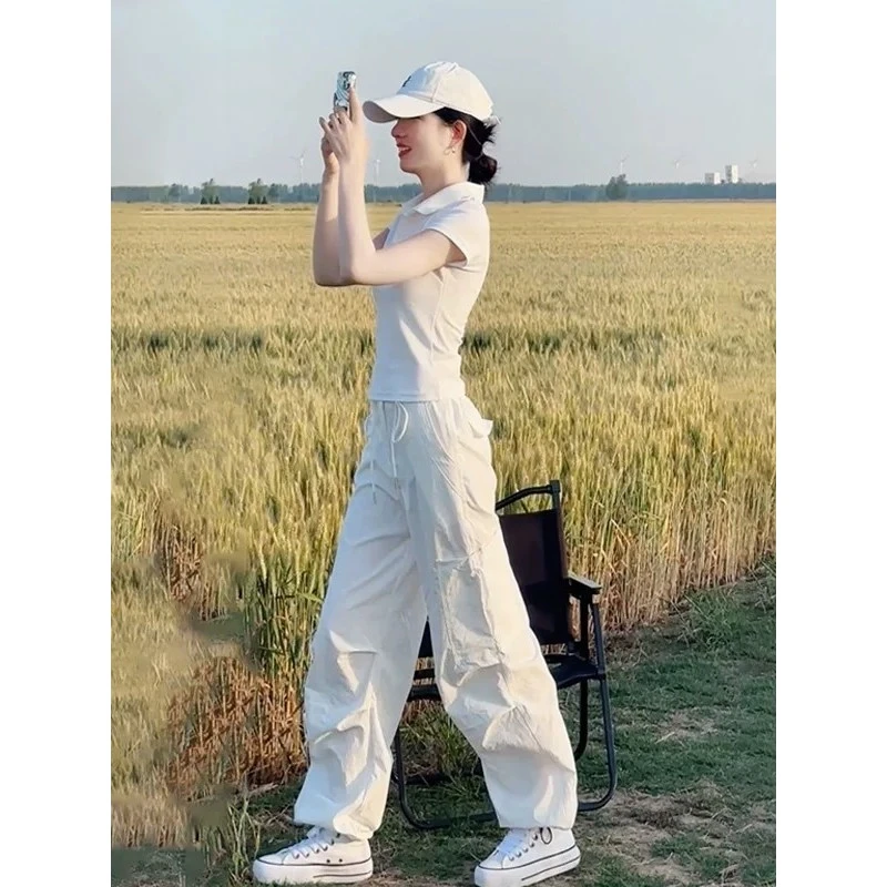 夏季休闲运动套装女新款高级小众翻领显瘦上衣高腰工装裤两件套