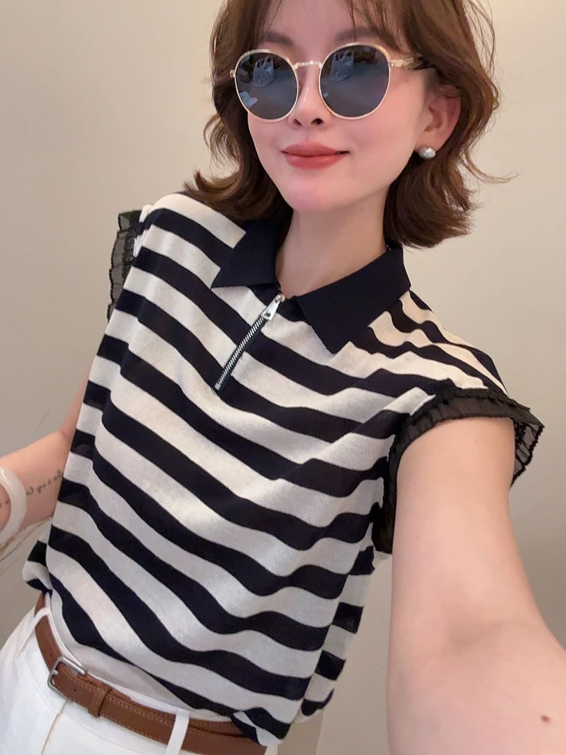 老赵服饰 时尚撞色翻领拉链条纹飞飞袖短袖上衣21AU3764