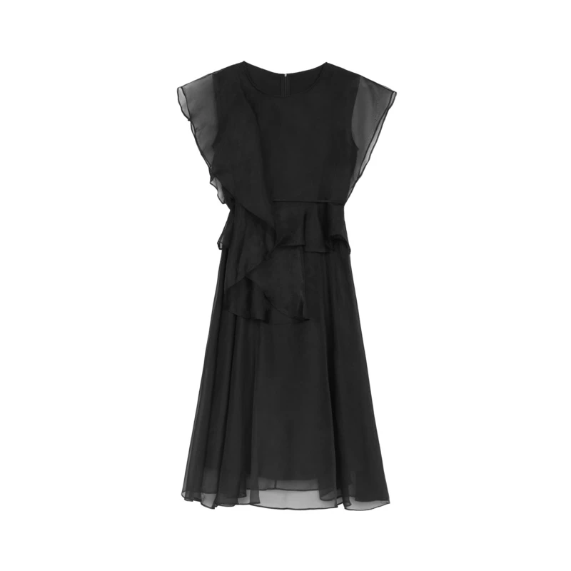 S·DEER圣迪奥圆领气质收腰荷叶边不规则时尚短袖连衣裙S232Z12JN