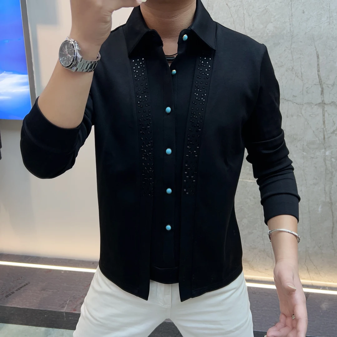 《绿松石》欧货男装时尚休闲翻领轻奢空气棉百搭透气上衣潮流修身型