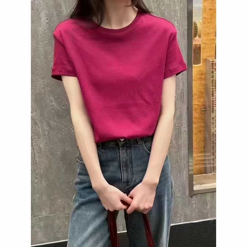 气质百搭简约圆领玫紫色短袖火龙果T恤 衣长61 款号JM6948