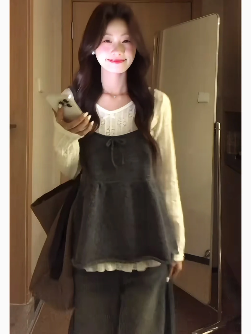 韩系叠穿套装内搭长袖上衣+氛围感秋季毛衣针织马甲显瘦吊带上衣