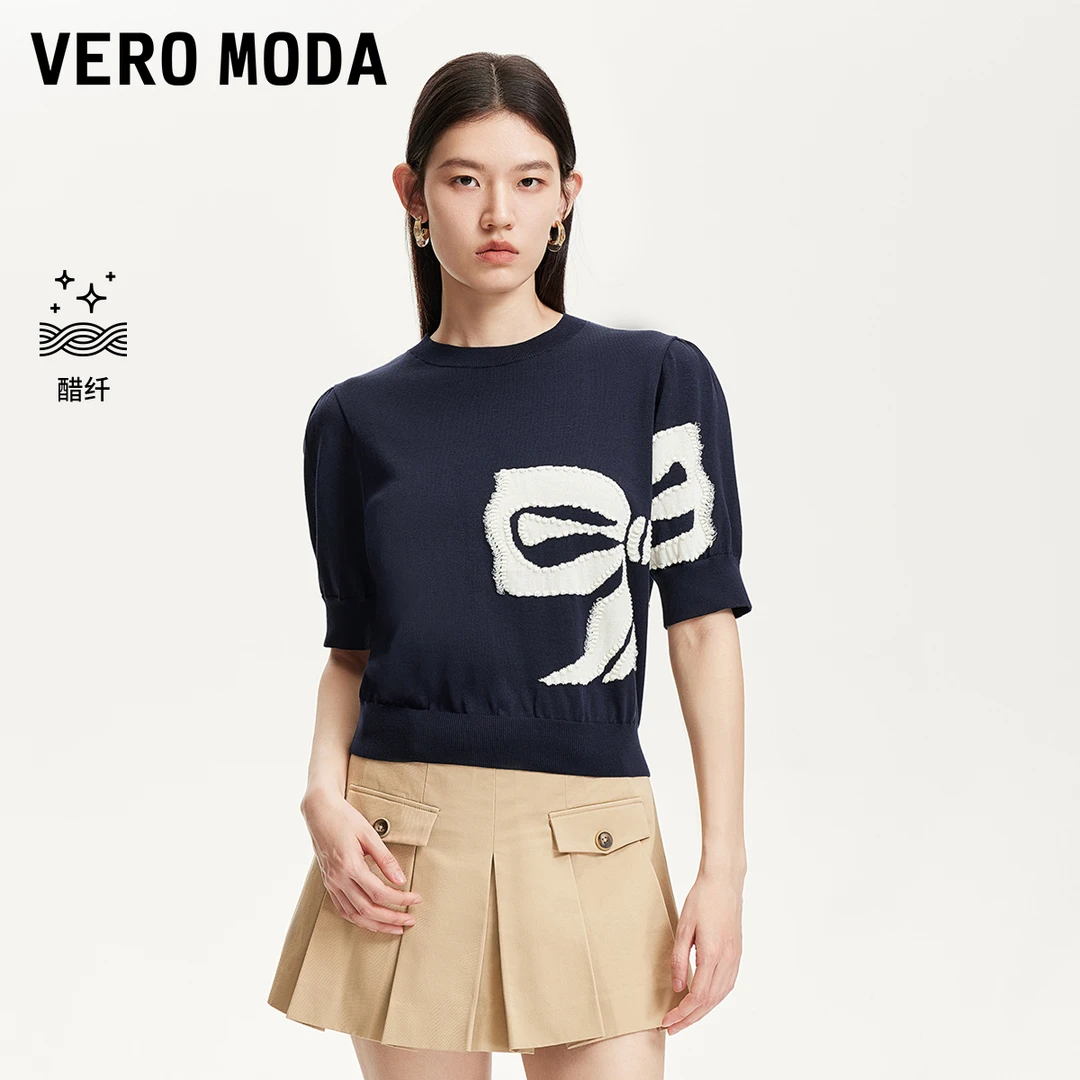 Vero Moda针织衫女2025夏日穿搭新款泡泡袖蝴蝶结上衣325245045