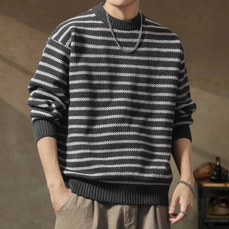 高端休闲条纹圆领毛衣男士冬季加厚宽松针织衫简约保暖内搭打底衫