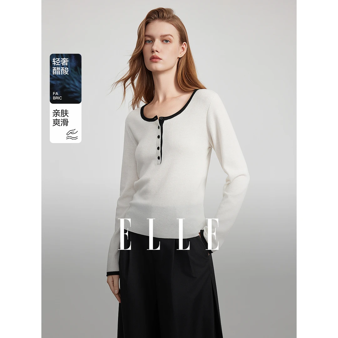 ELLE撞色圆领针织衫女2025秋季新款修身醋酸气质内搭上衣EZ51583