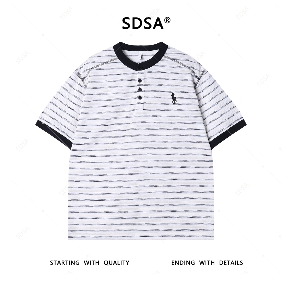 夏季高级感新款男士撞色条纹半纽扣刺绣标短袖T恤时尚圆领上衣潮