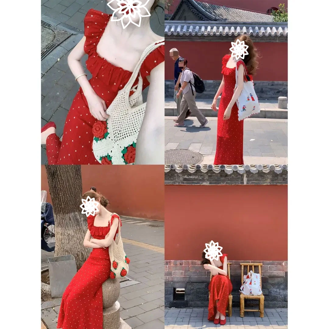 夏季新款法式气质鱼尾长裙女花边方领绝美红色波点收腰显瘦连衣裙