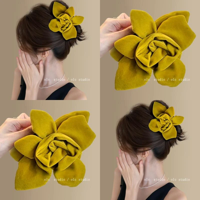 秋日晚枫叶~覆古丝绒花朵抓夹女高级感高级感气质鲨鱼夹2025新款