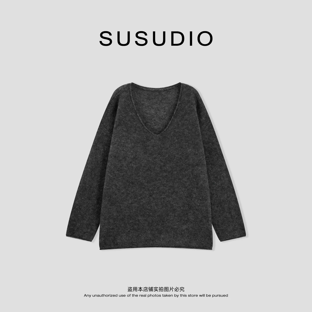 SUSUDIO 超细马海毛+羊毛 松弛感纯色套头V领毛衣 50179