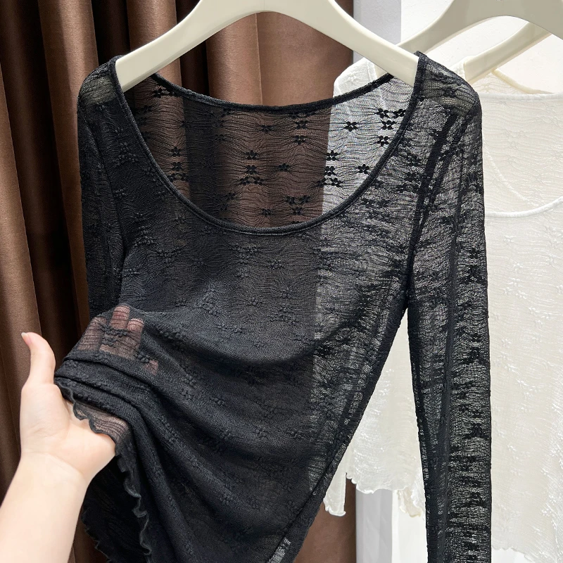 秋季新款修身圆领长袖镂空蕾丝衫2025薄款微透提花网纱纯色上衣