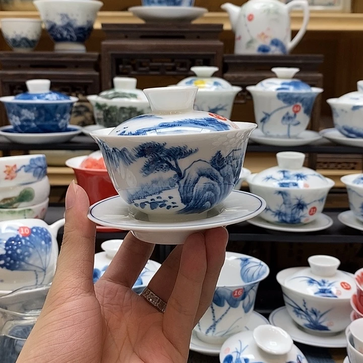 手绘山水120cc盖碗釉下彩高温瓷微瑕福利款