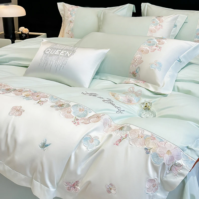 水星高端家纺轻奢高档200支长绒棉四件套全棉纯棉刺绣被套床单床