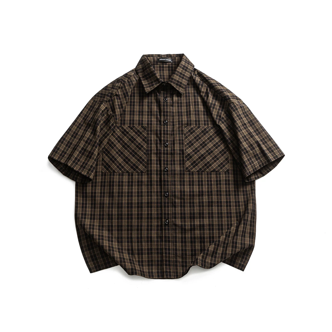 新品 日系复古格子阔版短袖衬衫cityboy潮牌户外薄款宽松百搭外套