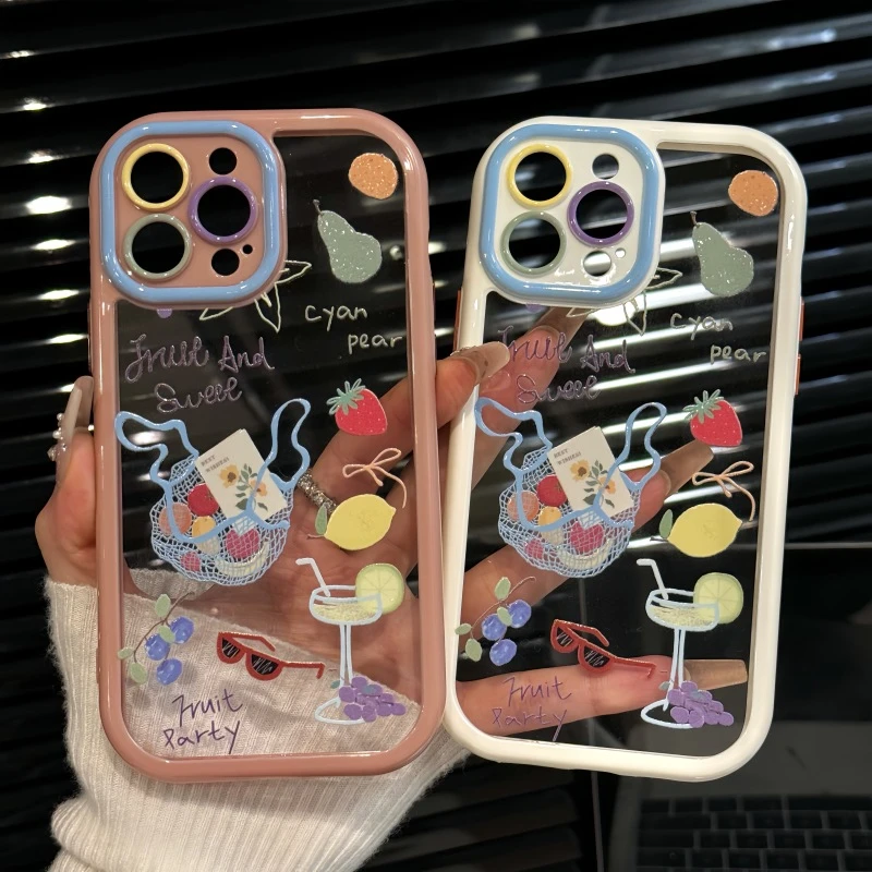 涂鸦水果袋适用苹果16pro创意iPhone15奶油手机壳华为p60荣耀可爱