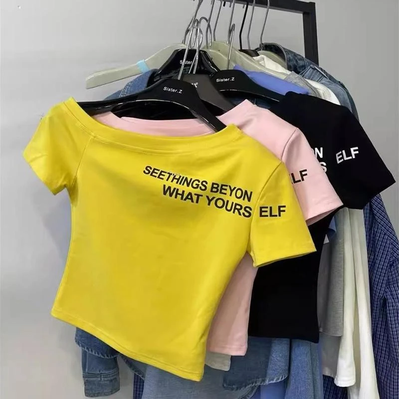 夏季2025新款韩版设计感小众一字领露肩短袖T恤女修身显瘦上衣潮