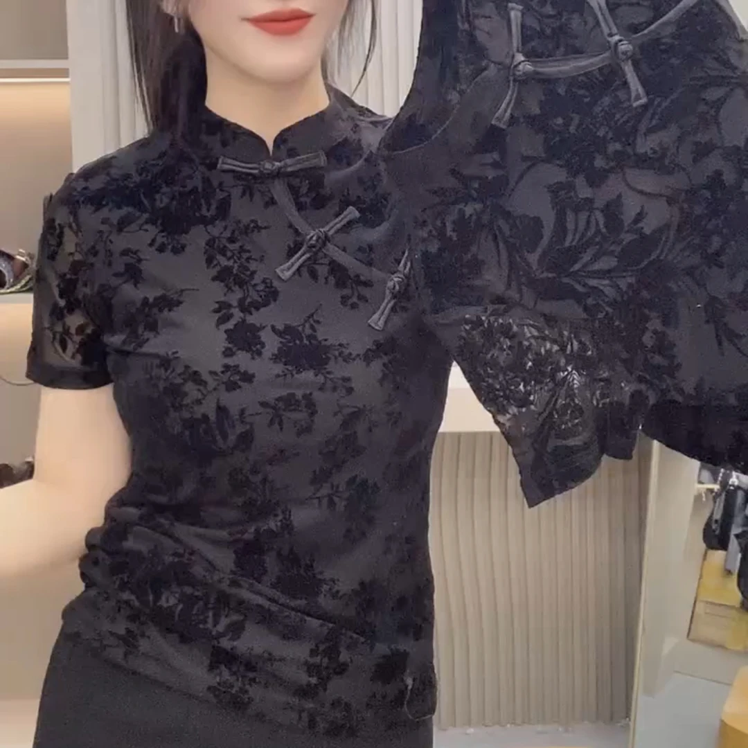 新款洋气国风盘扣提花显瘦弹力小衫
