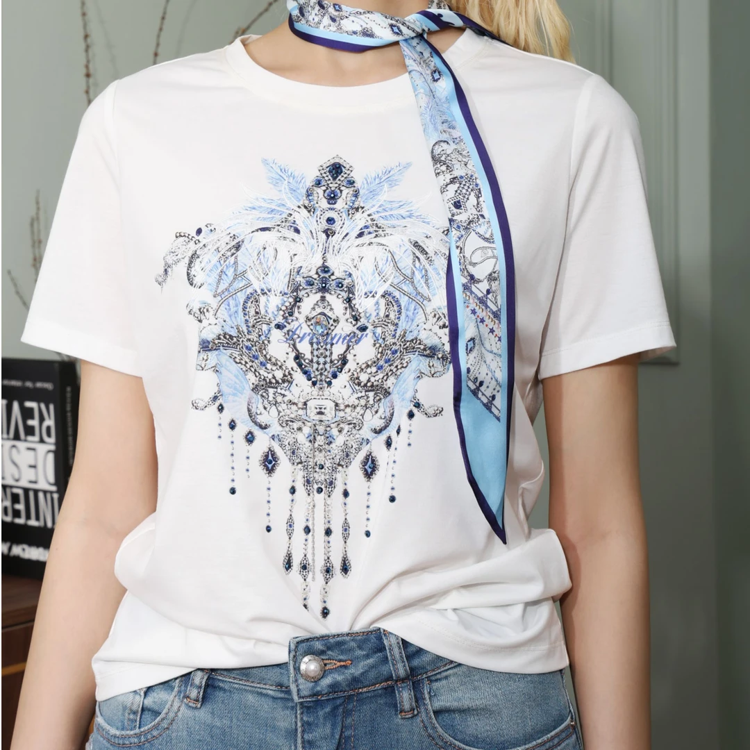 BAISI/百丝T恤AAXB504305W1时尚百搭夏季印花圆领重工复古国风