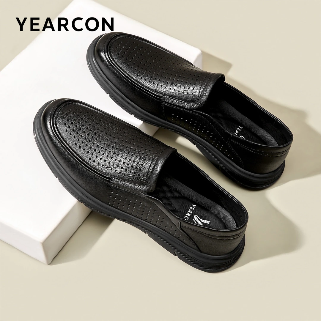 意尔康男鞋2025春季新款时尚百搭真皮平跟低跟一脚蹬休闲爸爸皮鞋