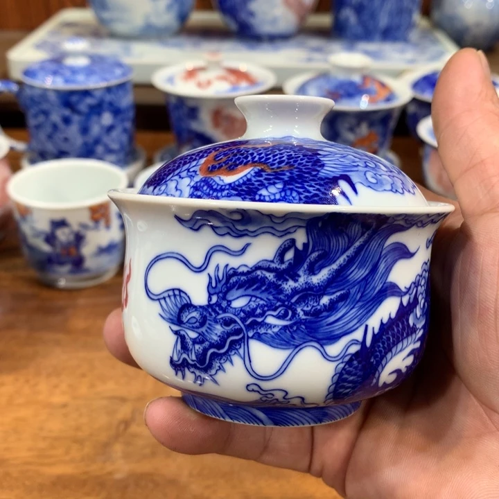 自成堂柴窑青花双龙盖碗